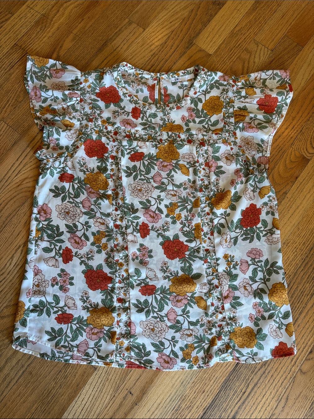 DR2 Floral Flutter Sleeve Blouse in White with Orange , Mustard & Pink Flowers L